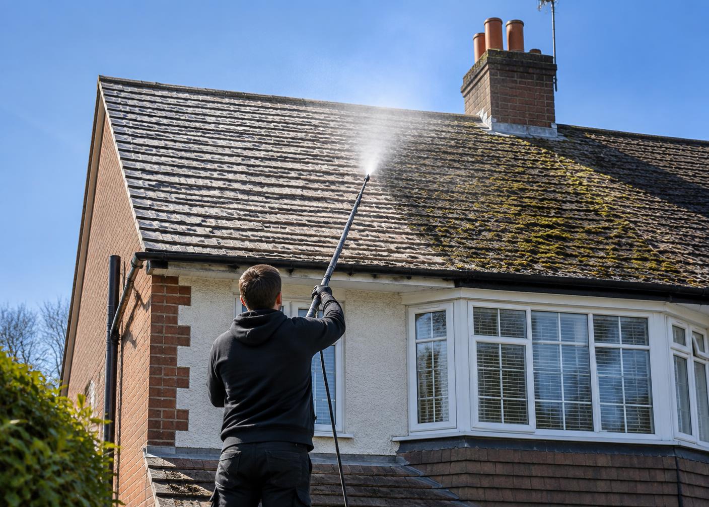 Specialist soft washing moss from a UK house roof